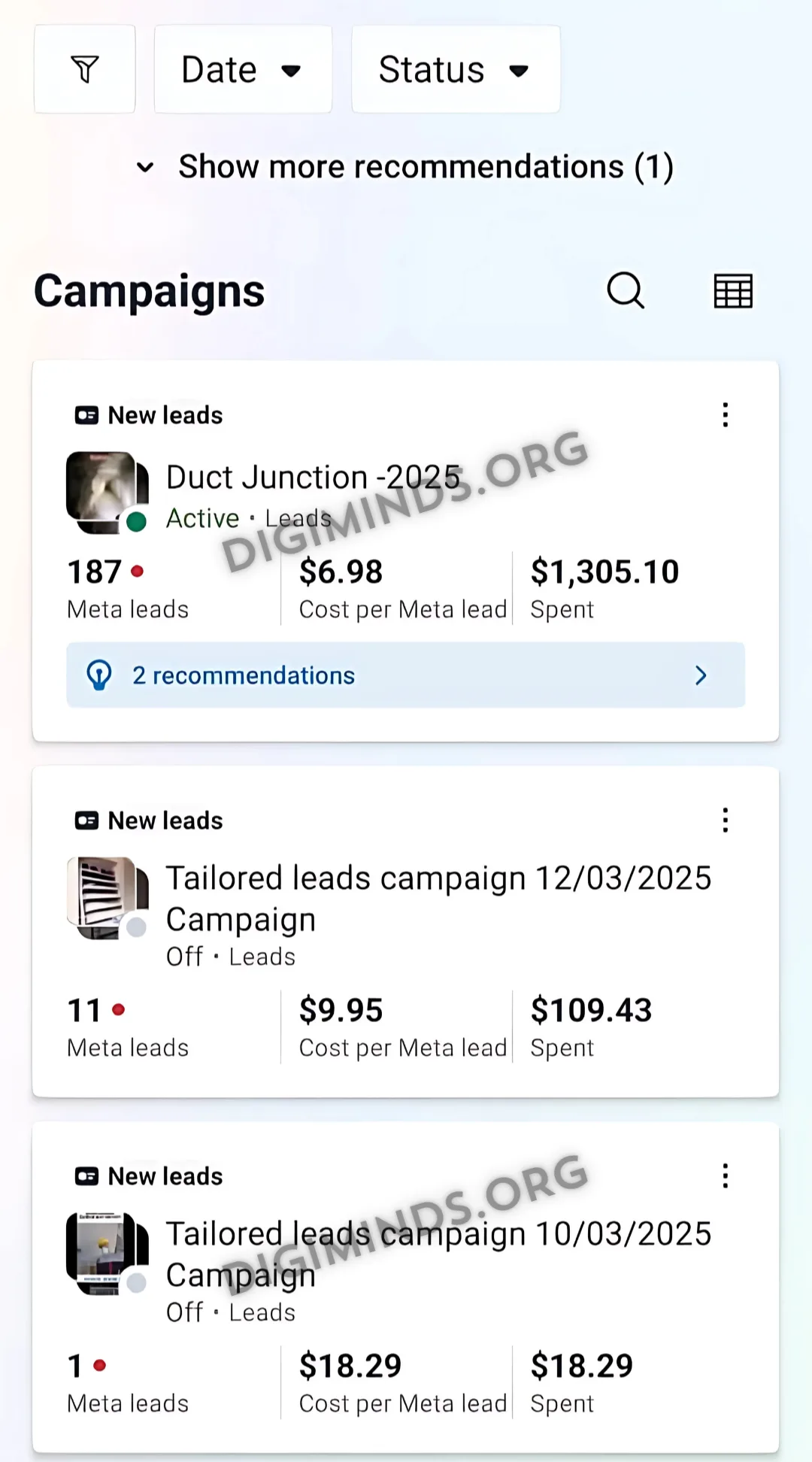 Meta Ads Manager screenshot of a high-ticket lead generation campaign with cost-per-lead metrics